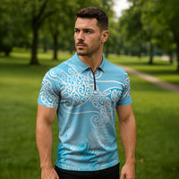 Aotearoa Maori Koru Curves Zipper Polo Shirt Silver Ferns - Turquoise