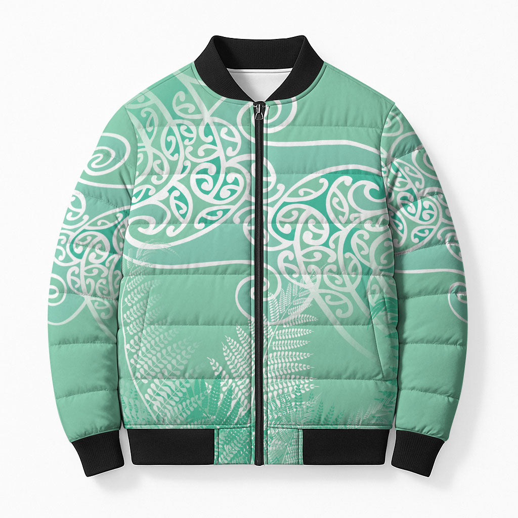 Aotearoa Maori Koru Curves Bomber Puffer Jacket Silver Ferns - Mint LT7 Unisex Mint Green - Polynesian Pride