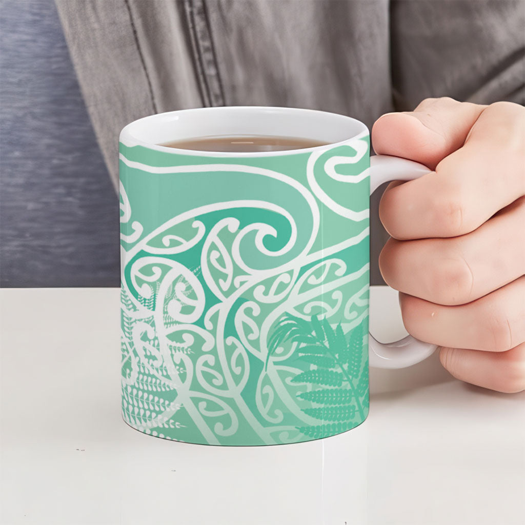 Aotearoa Maori Koru Curves Ceramic Mug Silver Ferns - Mint