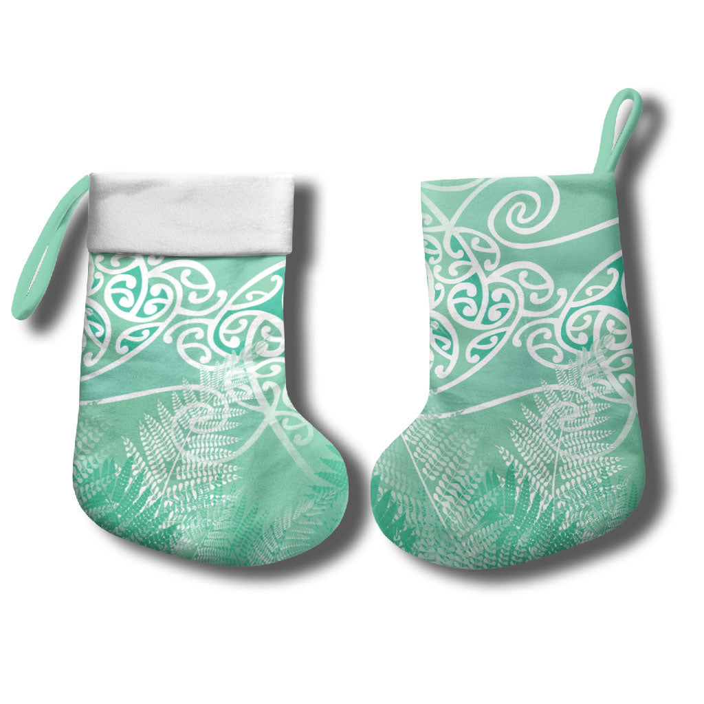 Aotearoa Maori Koru Curves Christmas Stocking Silver Ferns - Mint LT7 - Polynesian Pride