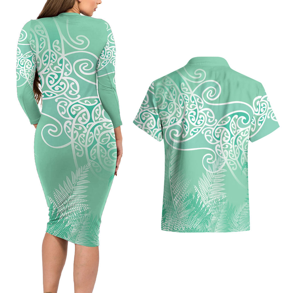Aotearoa Maori Koru Curves Couples Matching Long Sleeve Bodycon Dress and Hawaiian Shirt Silver Ferns - Mint