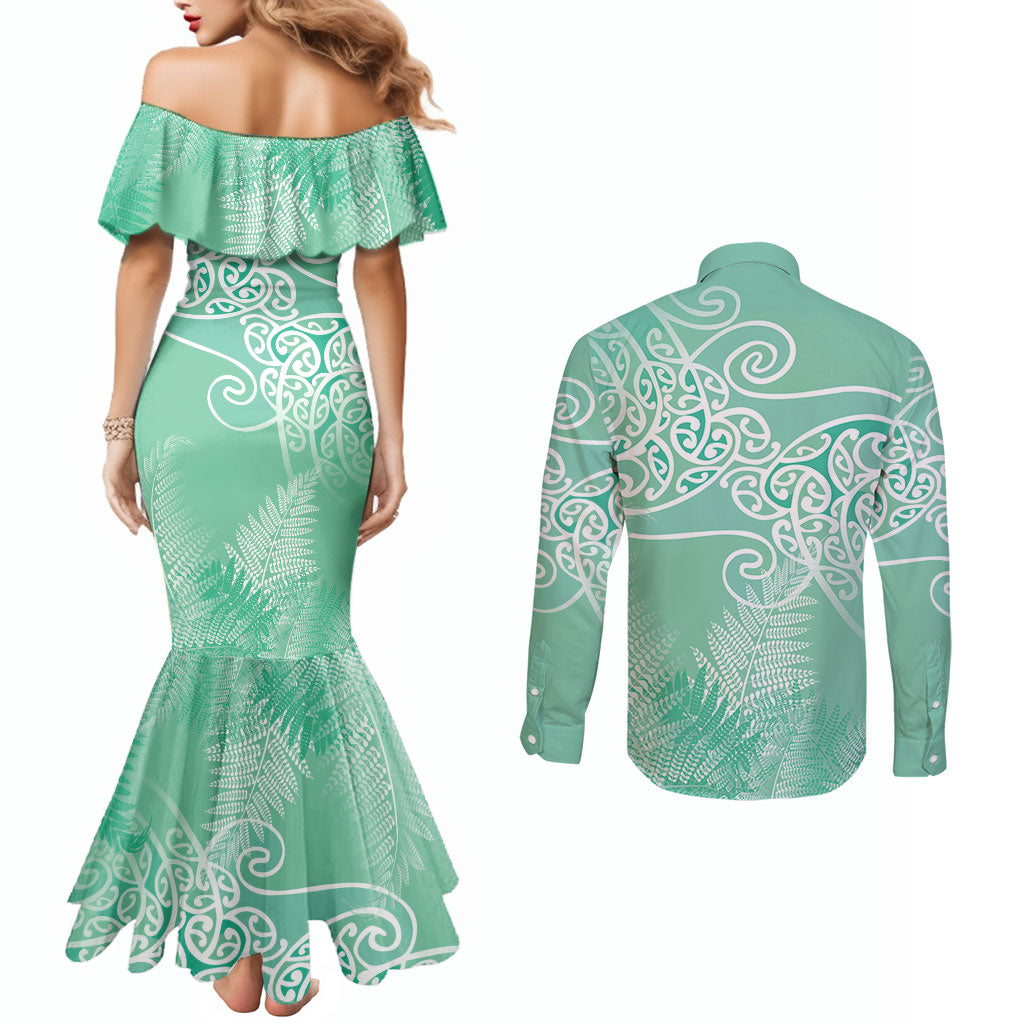 Aotearoa Maori Koru Curves Couples Matching Mermaid Dress and Long Sleeve Button Shirt Silver Ferns - Mint