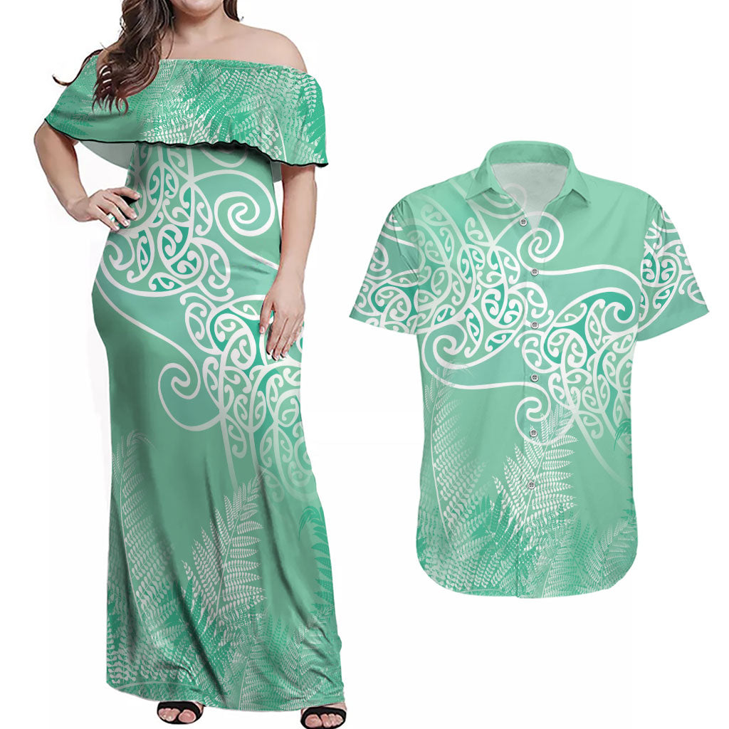 Aotearoa Maori Koru Curves Couples Matching Off Shoulder Maxi Dress and Hawaiian Shirt Silver Ferns - Mint