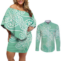 Aotearoa Maori Koru Curves Couples Matching Off Shoulder Short Dress and Long Sleeve Button Shirt Silver Ferns - Mint LT7 Mint Green - Polynesian Pride