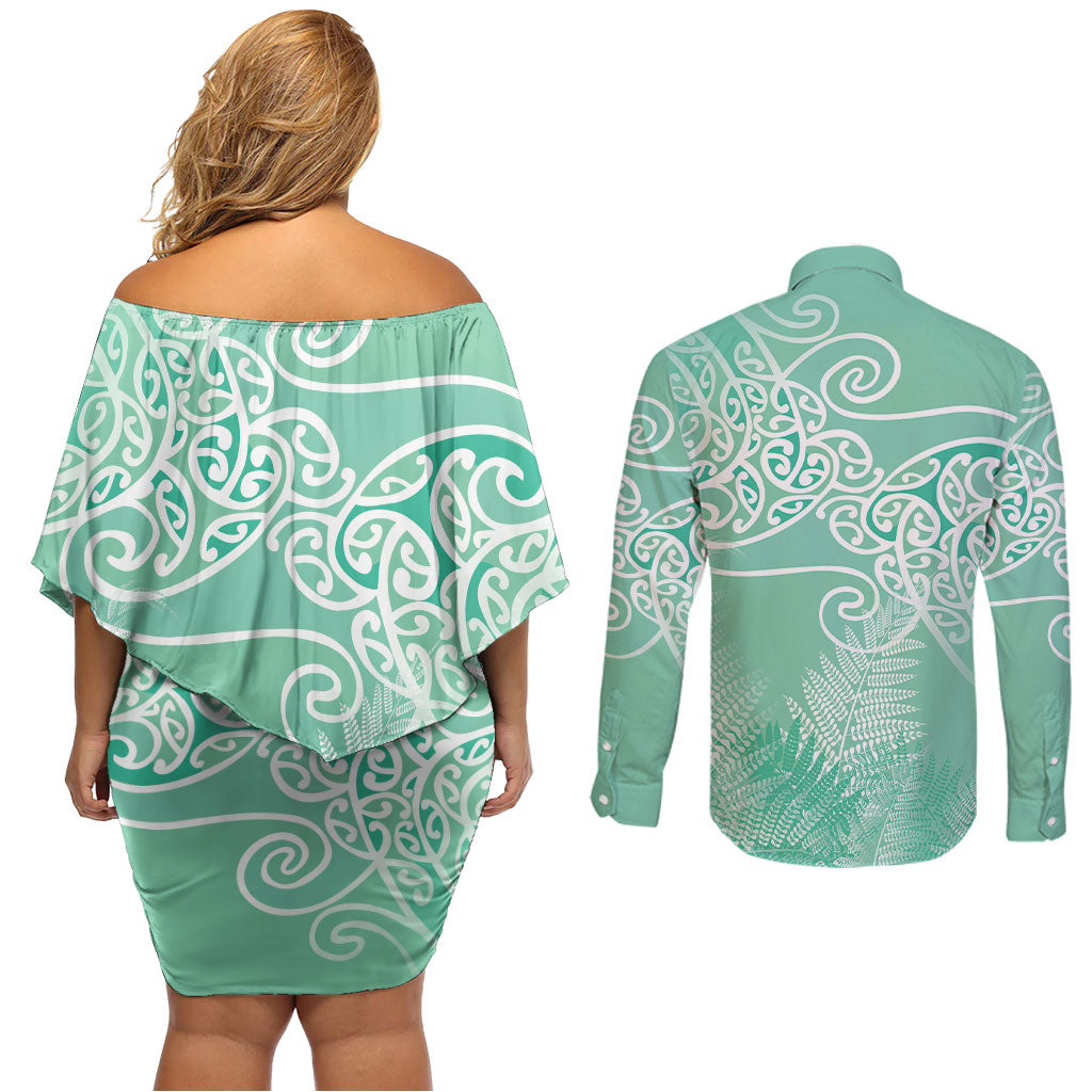 Aotearoa Maori Koru Curves Couples Matching Off Shoulder Short Dress and Long Sleeve Button Shirt Silver Ferns - Mint LT7 - Polynesian Pride