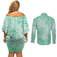 Aotearoa Maori Koru Curves Couples Matching Off Shoulder Short Dress and Long Sleeve Button Shirt Silver Ferns - Mint LT7 - Polynesian Pride