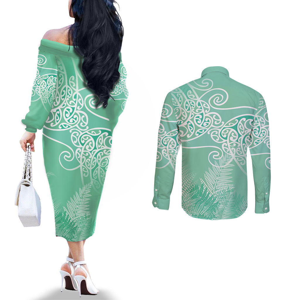 Aotearoa Maori Koru Curves Couples Matching Off The Shoulder Long Sleeve Dress and Long Sleeve Button Shirt Silver Ferns - Mint