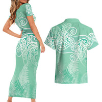 Aotearoa Maori Koru Curves Couples Matching Short Sleeve Bodycon Dress and Hawaiian Shirt Silver Ferns - Mint