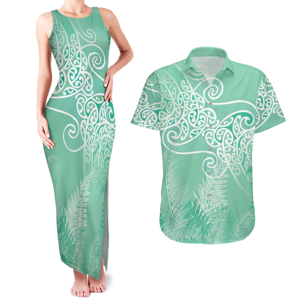 Aotearoa Maori Koru Curves Couples Matching Tank Maxi Dress and Hawaiian Shirt Silver Ferns - Mint