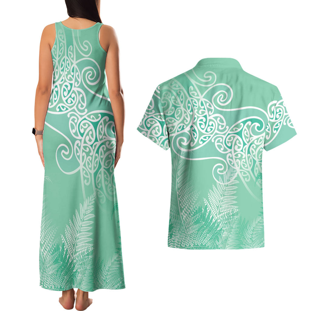 Aotearoa Maori Koru Curves Couples Matching Tank Maxi Dress and Hawaiian Shirt Silver Ferns - Mint
