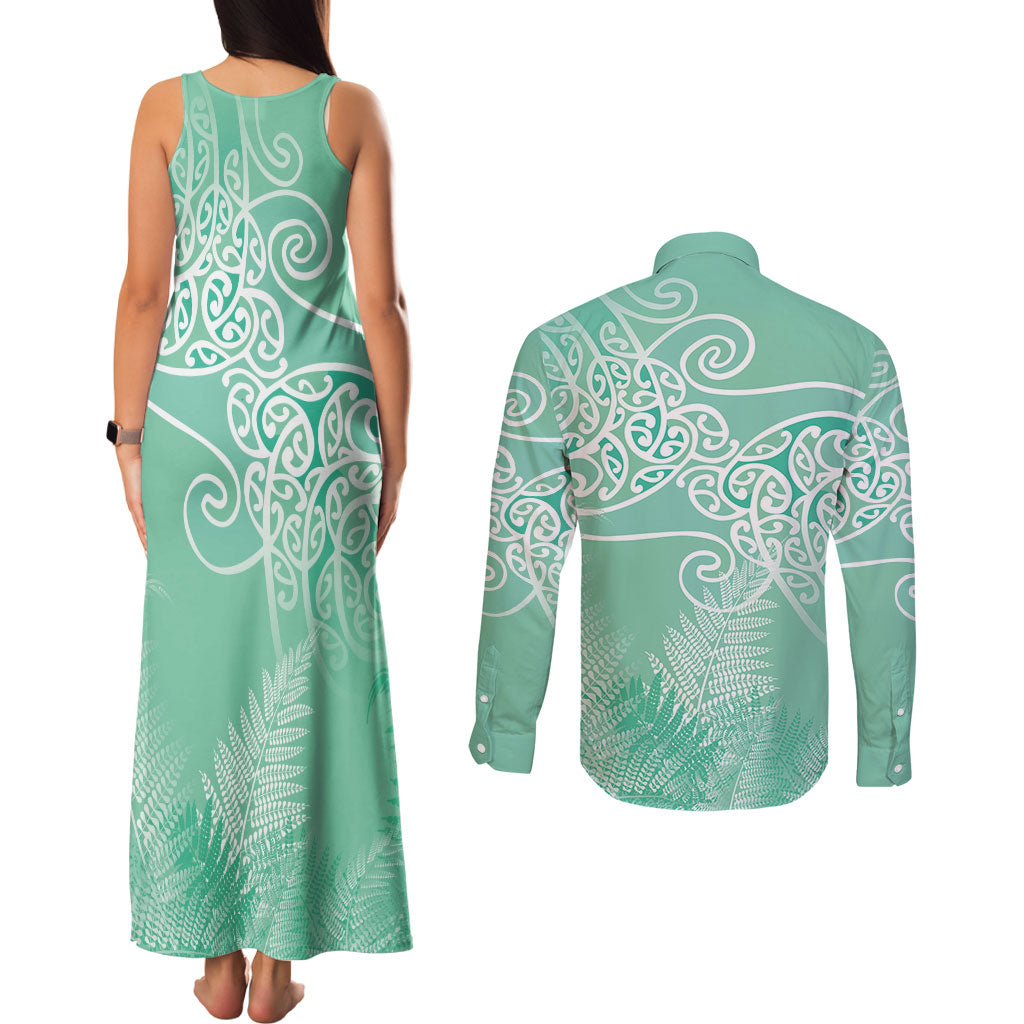 Aotearoa Maori Koru Curves Couples Matching Tank Maxi Dress and Long Sleeve Button Shirt Silver Ferns - Mint LT7 - Polynesian Pride