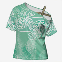 Aotearoa Maori Koru Curves Cross Shoulder Shirt Silver Ferns - Mint
