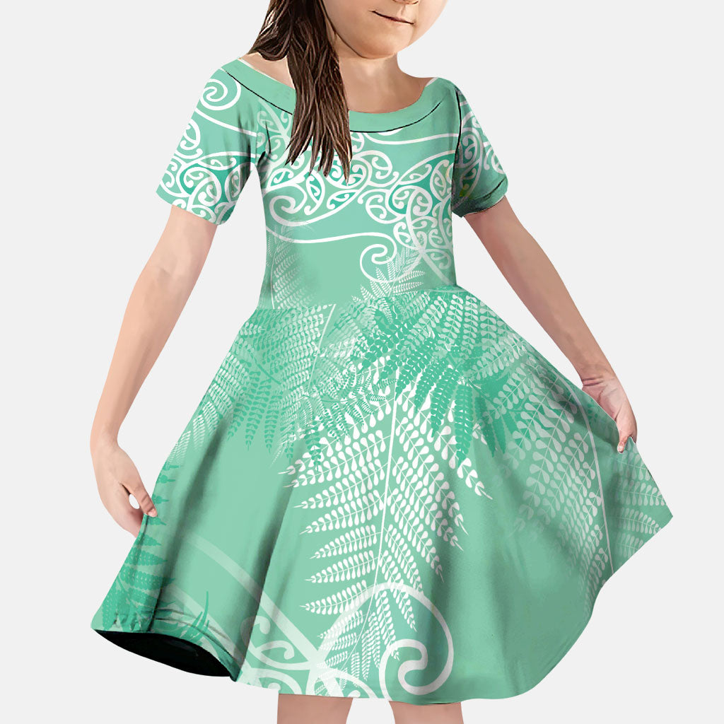 Aotearoa Maori Koru Curves Family Matching Long Sleeve Bodycon Dress and Hawaiian Shirt Silver Ferns - Mint LT7 Daughter's Dress Mint Green - Polynesian Pride
