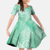 Aotearoa Maori Koru Curves Family Matching Long Sleeve Bodycon Dress and Hawaiian Shirt Silver Ferns - Mint LT7 Daughter's Dress Mint Green - Polynesian Pride