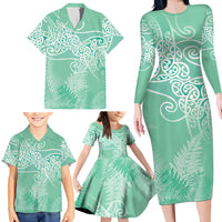 Aotearoa Maori Koru Curves Family Matching Long Sleeve Bodycon Dress and Hawaiian Shirt Silver Ferns - Mint LT7 - Polynesian Pride