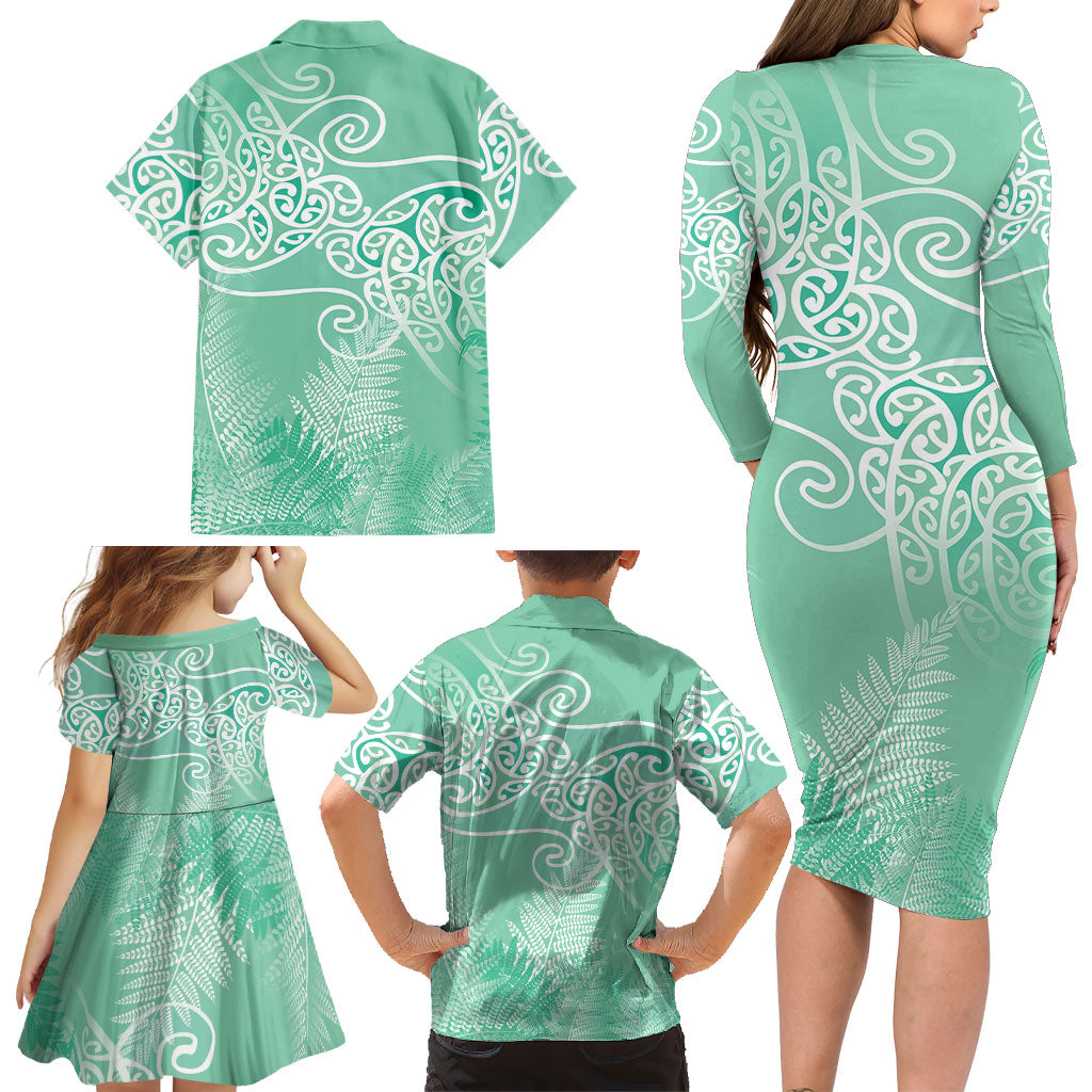 Aotearoa Maori Koru Curves Family Matching Long Sleeve Bodycon Dress and Hawaiian Shirt Silver Ferns - Mint LT7 - Polynesian Pride