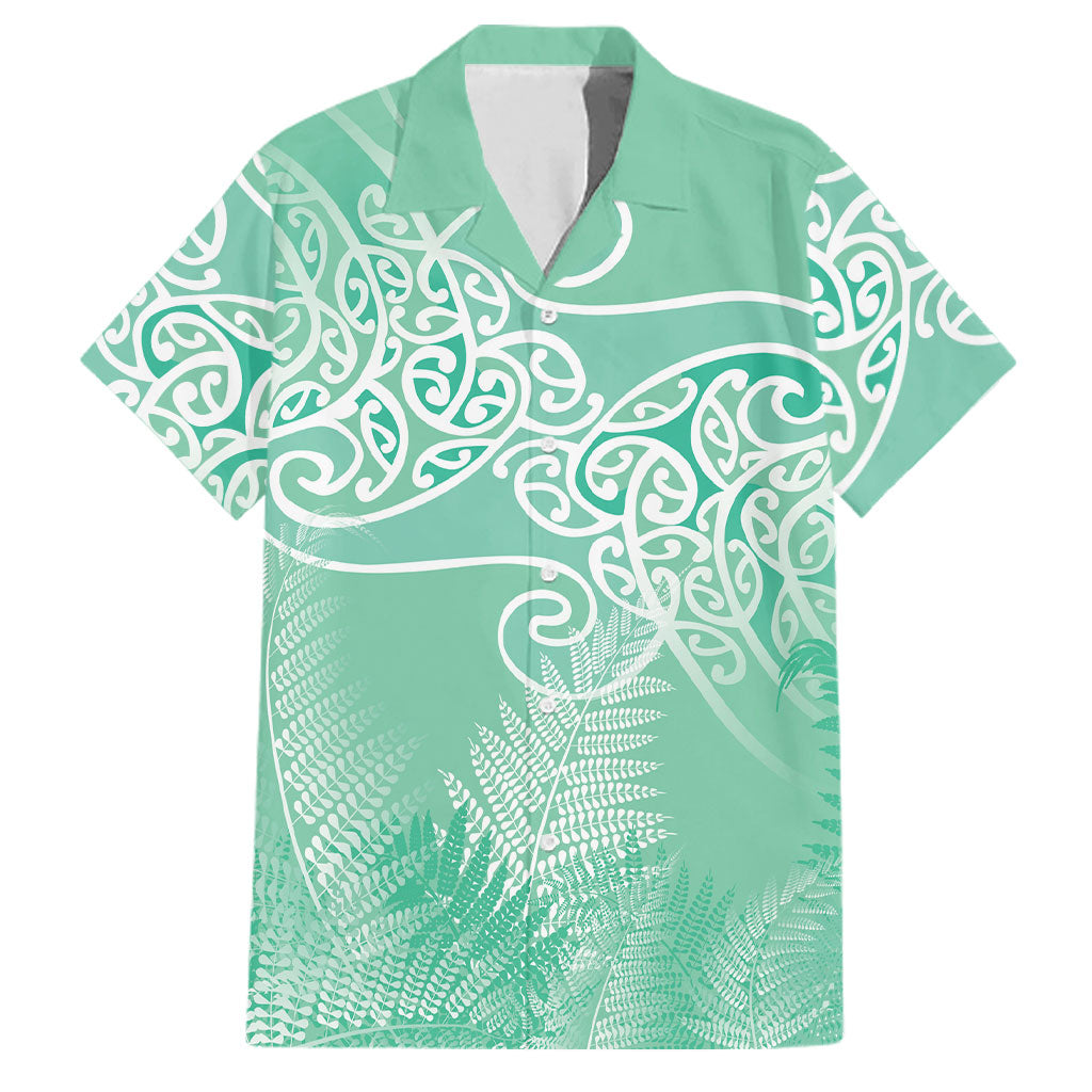 Aotearoa Maori Koru Curves Family Matching Long Sleeve Bodycon Dress and Hawaiian Shirt Silver Ferns - Mint LT7 Dad's Shirt - Short Sleeve Mint Green - Polynesian Pride