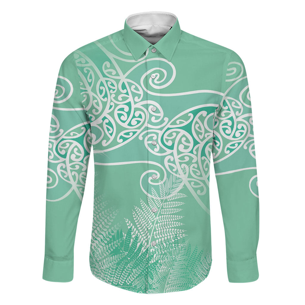 Aotearoa Maori Koru Curves Family Matching Long Sleeve Bodycon Dress and Hawaiian Shirt Silver Ferns - Mint LT7 Dad's Shirt - Long Sleeve Mint Green - Polynesian Pride