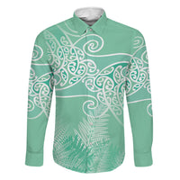 Aotearoa Maori Koru Curves Family Matching Long Sleeve Bodycon Dress and Hawaiian Shirt Silver Ferns - Mint LT7 Dad's Shirt - Long Sleeve Mint Green - Polynesian Pride