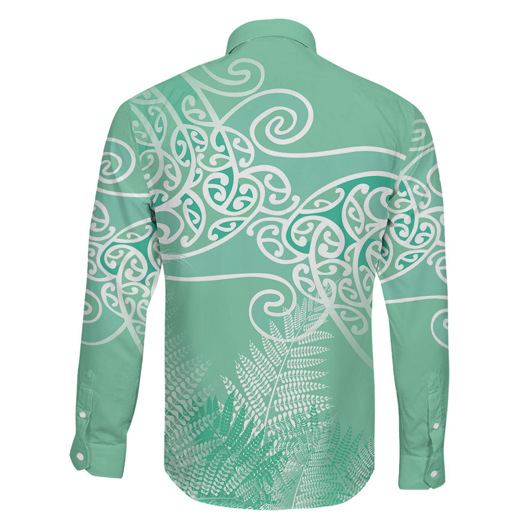 Aotearoa Maori Koru Curves Family Matching Long Sleeve Bodycon Dress and Hawaiian Shirt Silver Ferns - Mint LT7 - Polynesian Pride