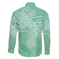 Aotearoa Maori Koru Curves Family Matching Long Sleeve Bodycon Dress and Hawaiian Shirt Silver Ferns - Mint LT7 - Polynesian Pride
