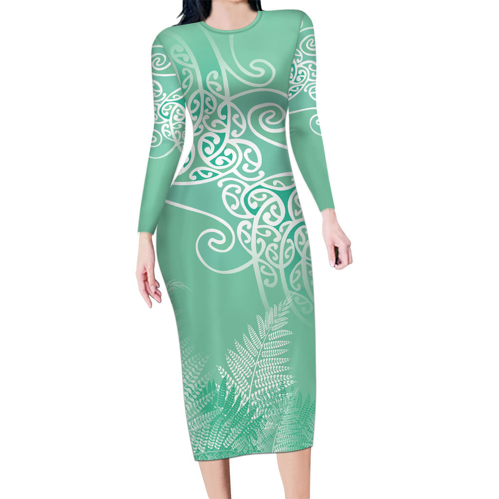 Aotearoa Maori Koru Curves Family Matching Long Sleeve Bodycon Dress and Hawaiian Shirt Silver Ferns - Mint LT7 Mom's Dress Mint Green - Polynesian Pride