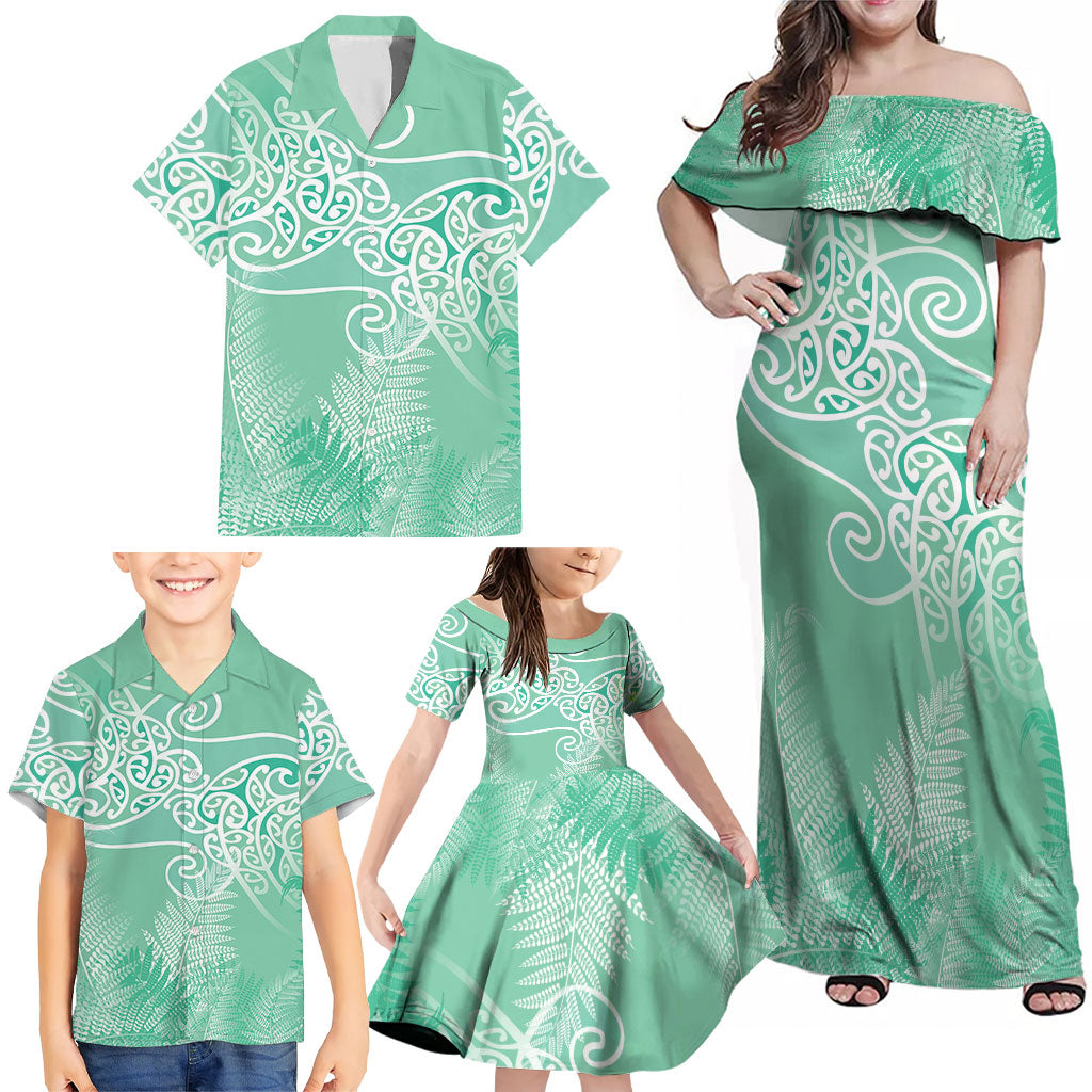 Aotearoa Maori Koru Curves Family Matching Off Shoulder Maxi Dress and Hawaiian Shirt Silver Ferns - Mint