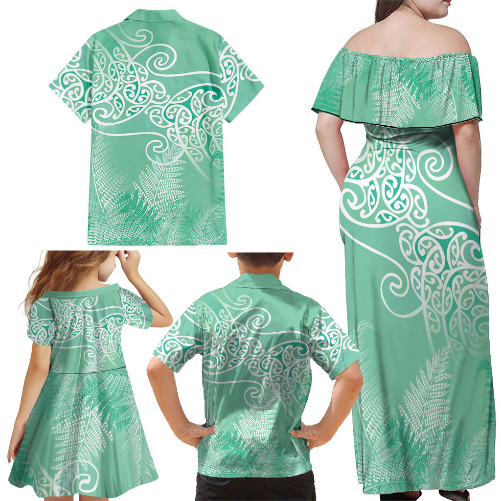Aotearoa Maori Koru Curves Family Matching Off Shoulder Maxi Dress and Hawaiian Shirt Silver Ferns - Mint