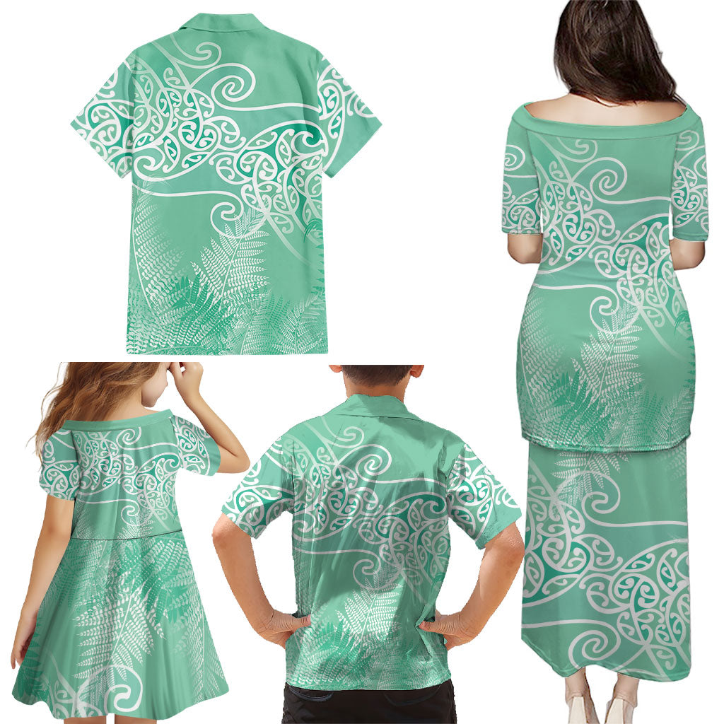 Aotearoa Maori Koru Curves Family Matching Puletasi and Hawaiian Shirt Silver Ferns - Mint