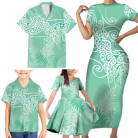 Aotearoa Maori Koru Curves Family Matching Short Sleeve Bodycon Dress and Hawaiian Shirt Silver Ferns - Mint
