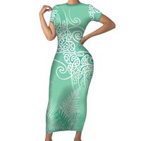 Aotearoa Maori Koru Curves Family Matching Short Sleeve Bodycon Dress and Hawaiian Shirt Silver Ferns - Mint