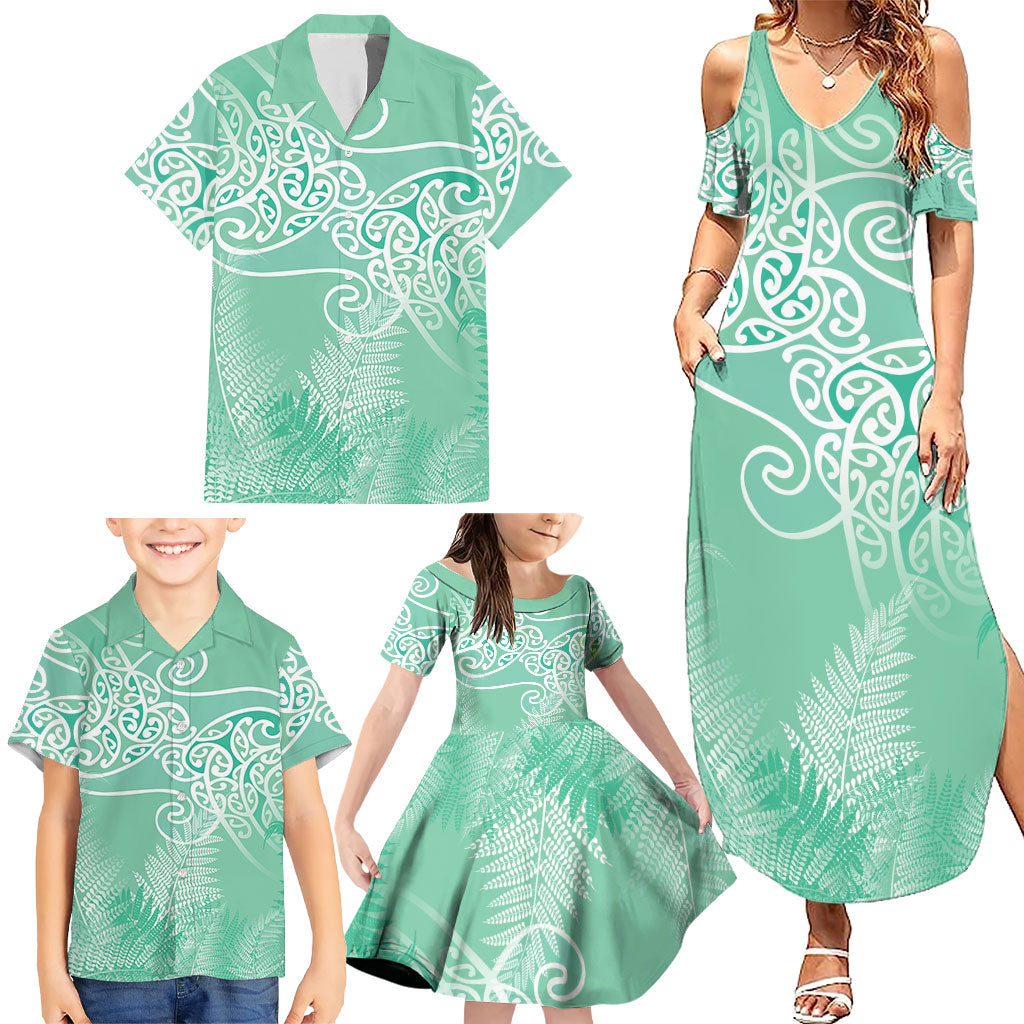 Aotearoa Maori Koru Curves Family Matching Summer Maxi Dress and Hawaiian Shirt Silver Ferns - Mint