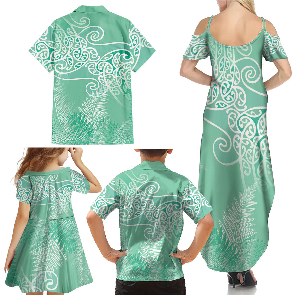 Aotearoa Maori Koru Curves Family Matching Summer Maxi Dress and Hawaiian Shirt Silver Ferns - Mint