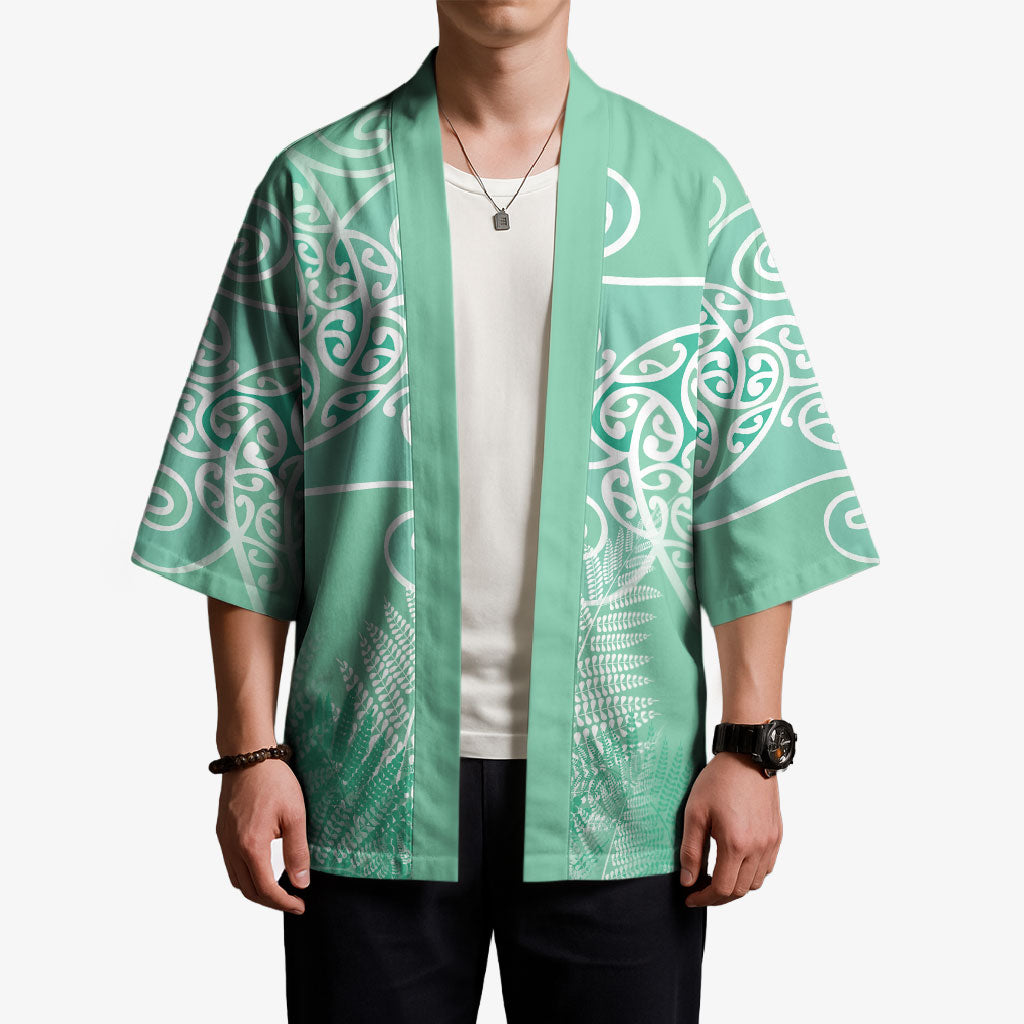 Aotearoa Maori Koru Curves Kimono Silver Ferns - Mint