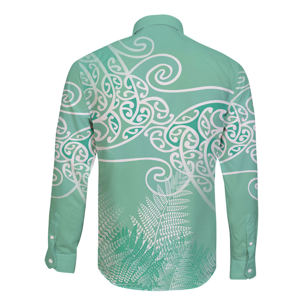 Aotearoa Maori Koru Curves Long Sleeve Button Shirt Silver Ferns - Mint