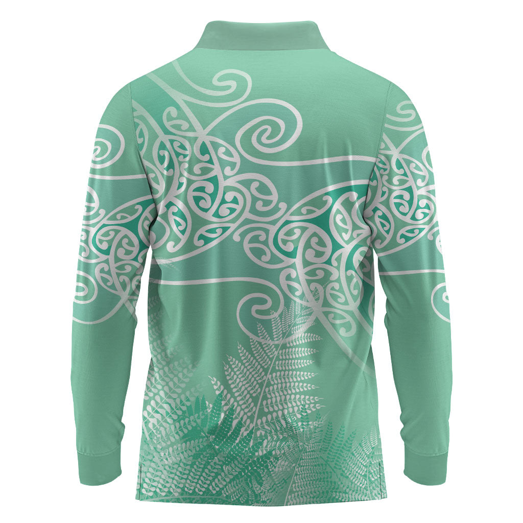 Aotearoa Maori Koru Curves Long Sleeve Polo Shirt Silver Ferns - Mint