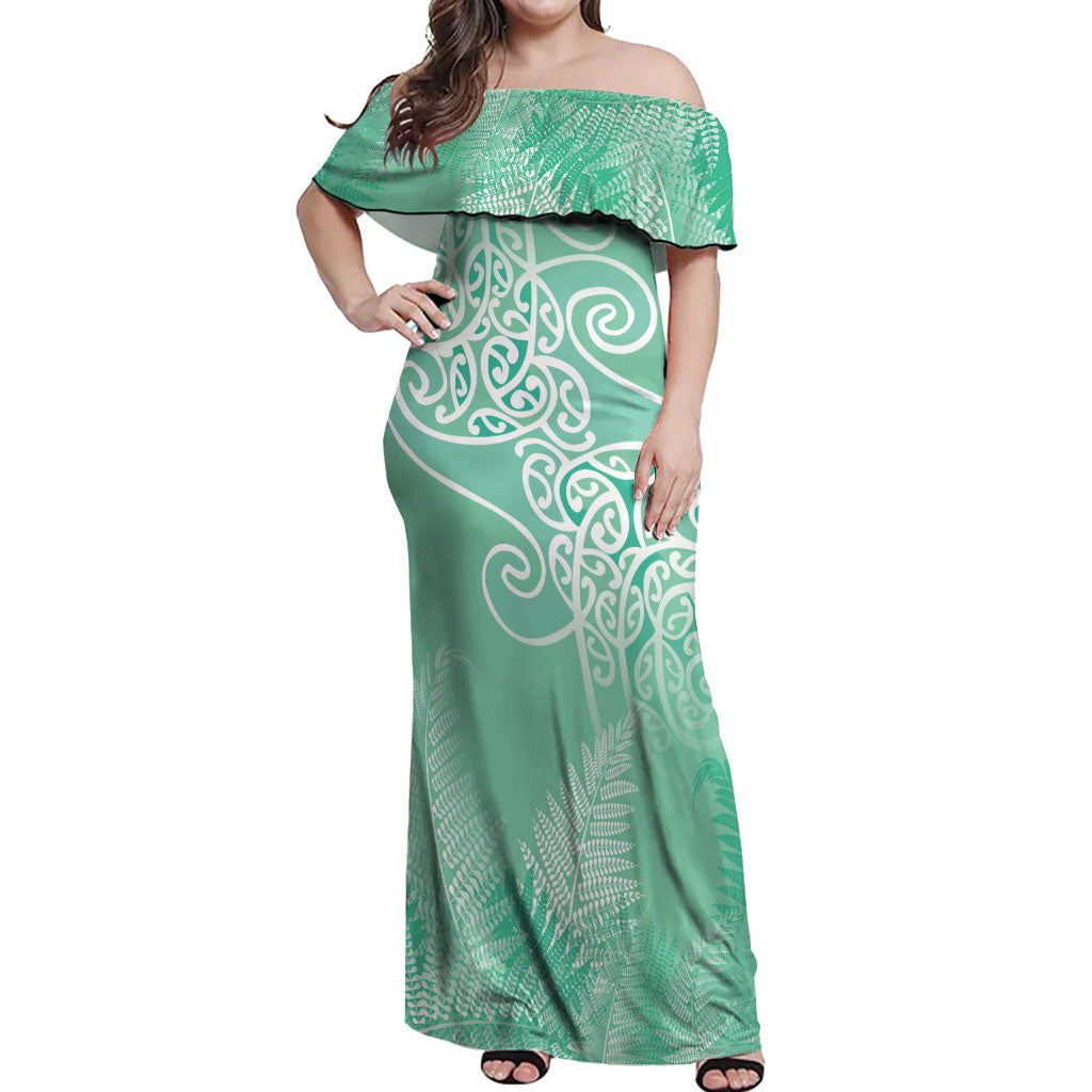Aotearoa Maori Koru Curves Off Shoulder Maxi Dress Silver Ferns - Mint