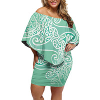 Aotearoa Maori Koru Curves Off Shoulder Short Dress Silver Ferns - Mint
