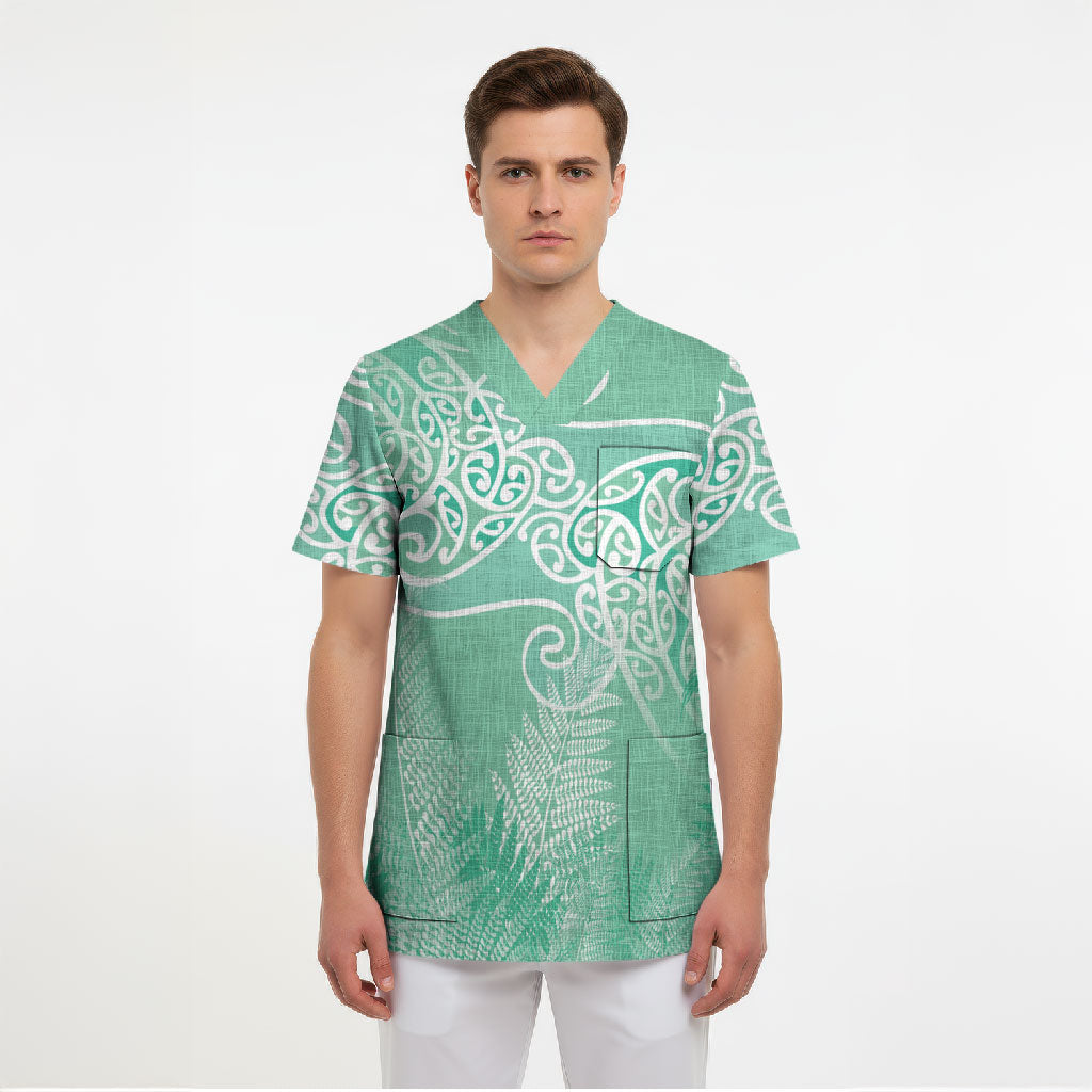 Aotearoa Maori Koru Curves Scrub Top Silver Ferns - Mint