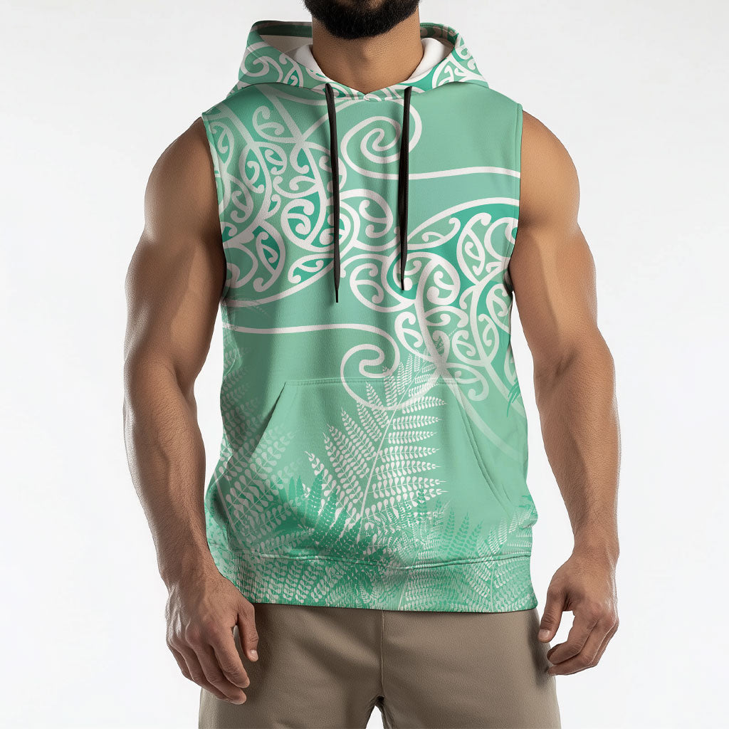 Aotearoa Maori Koru Curves Sleeveless Hoodie Silver Ferns - Mint