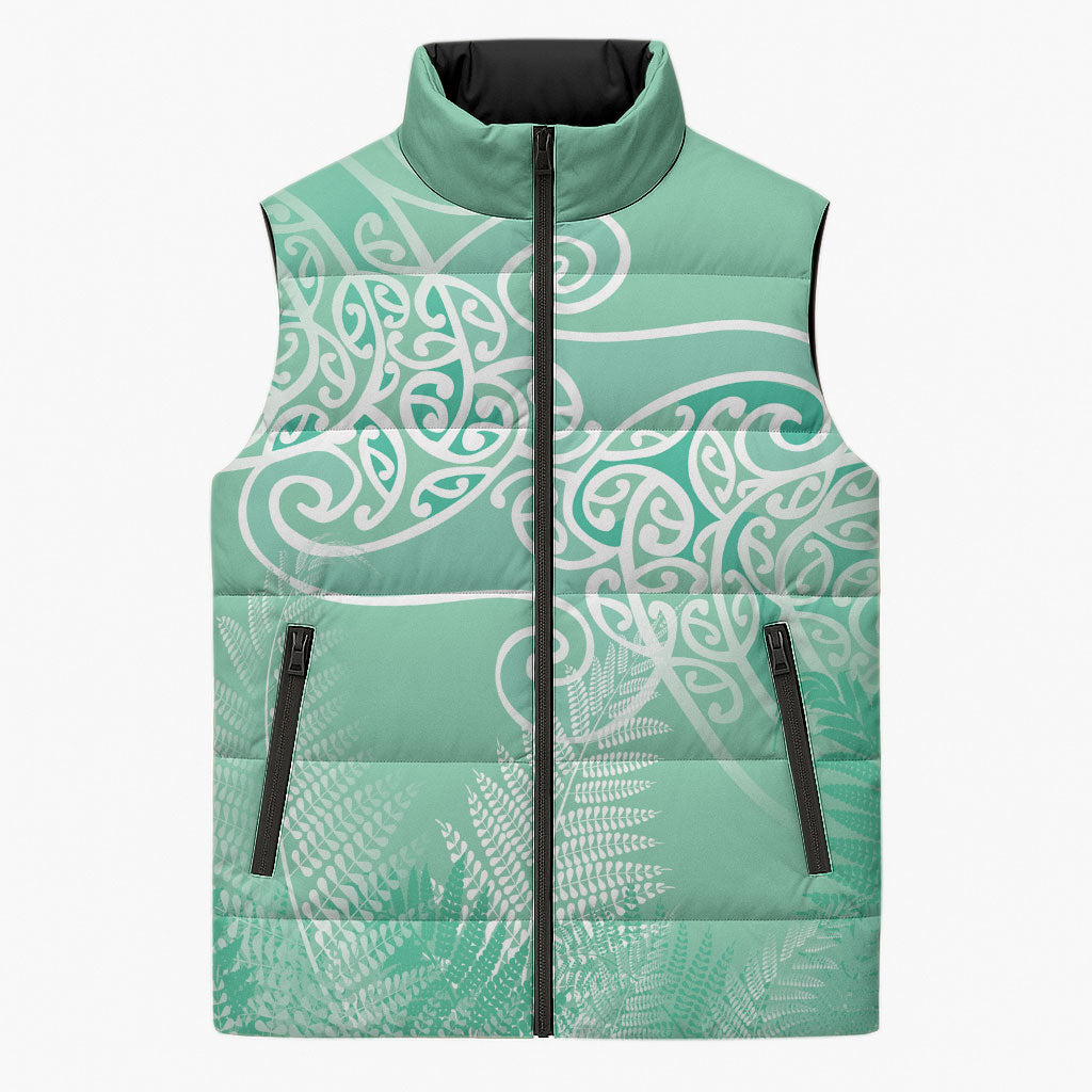 Aotearoa Maori Koru Curves Sleeveless Puffer Jacket Silver Ferns - Mint