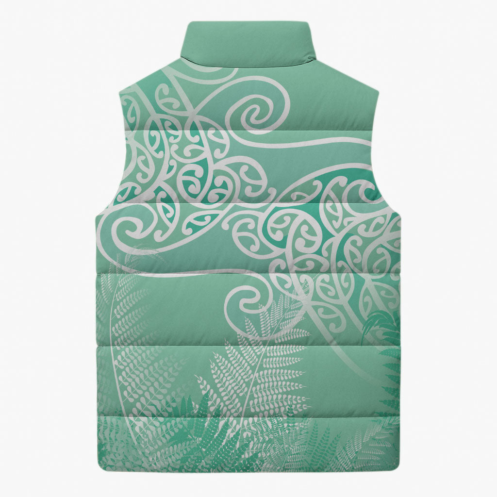 Aotearoa Maori Koru Curves Sleeveless Puffer Jacket Silver Ferns - Mint