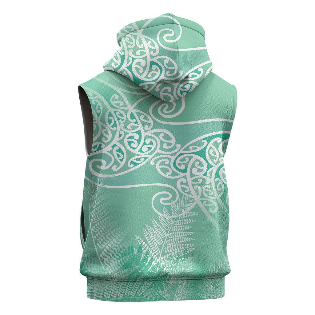 Aotearoa Maori Koru Curves Sleeveless Zip Hoodie Silver Ferns - Mint