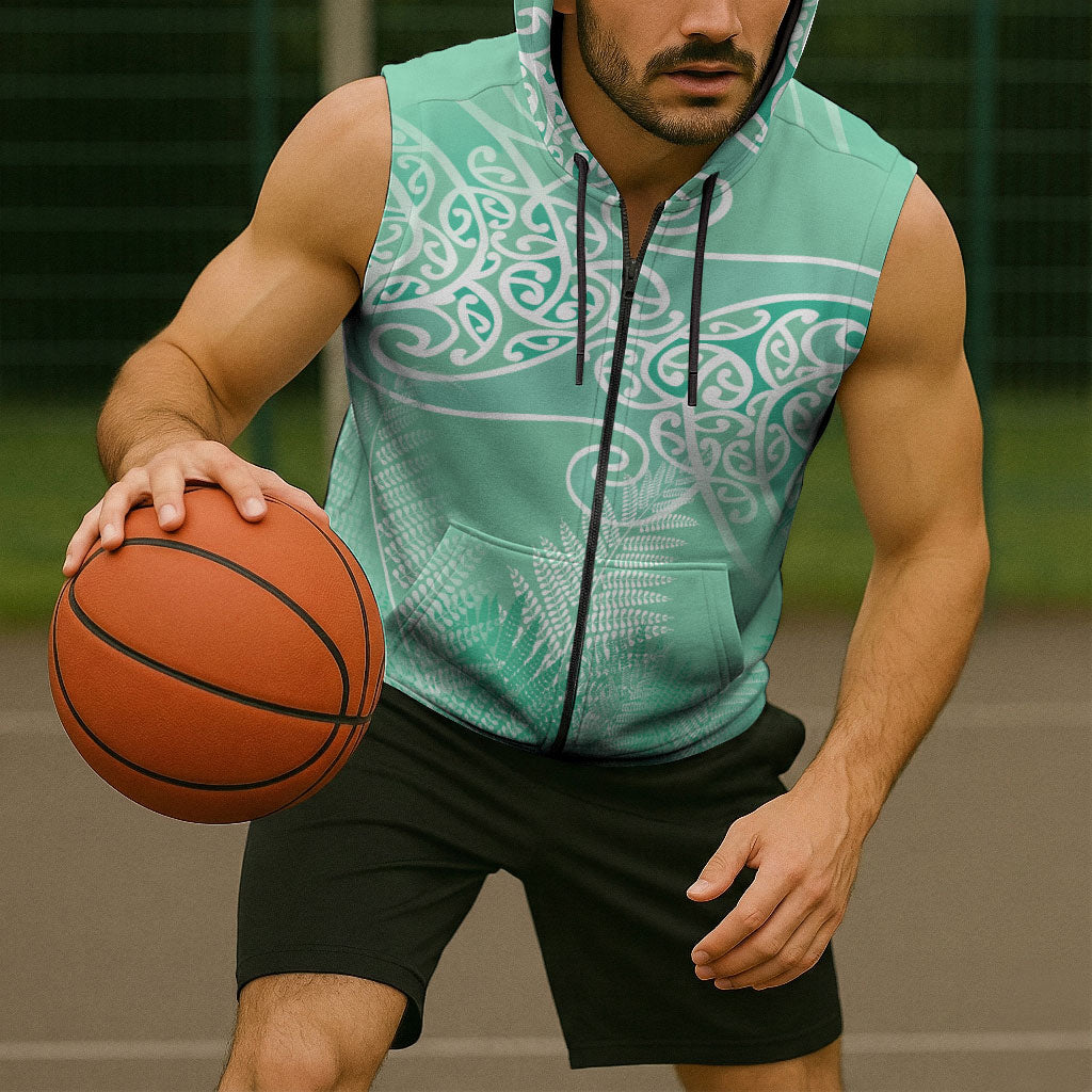 Aotearoa Maori Koru Curves Sleeveless Zip Hoodie Silver Ferns - Mint