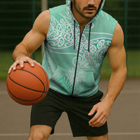 Aotearoa Maori Koru Curves Sleeveless Zip Hoodie Silver Ferns - Mint