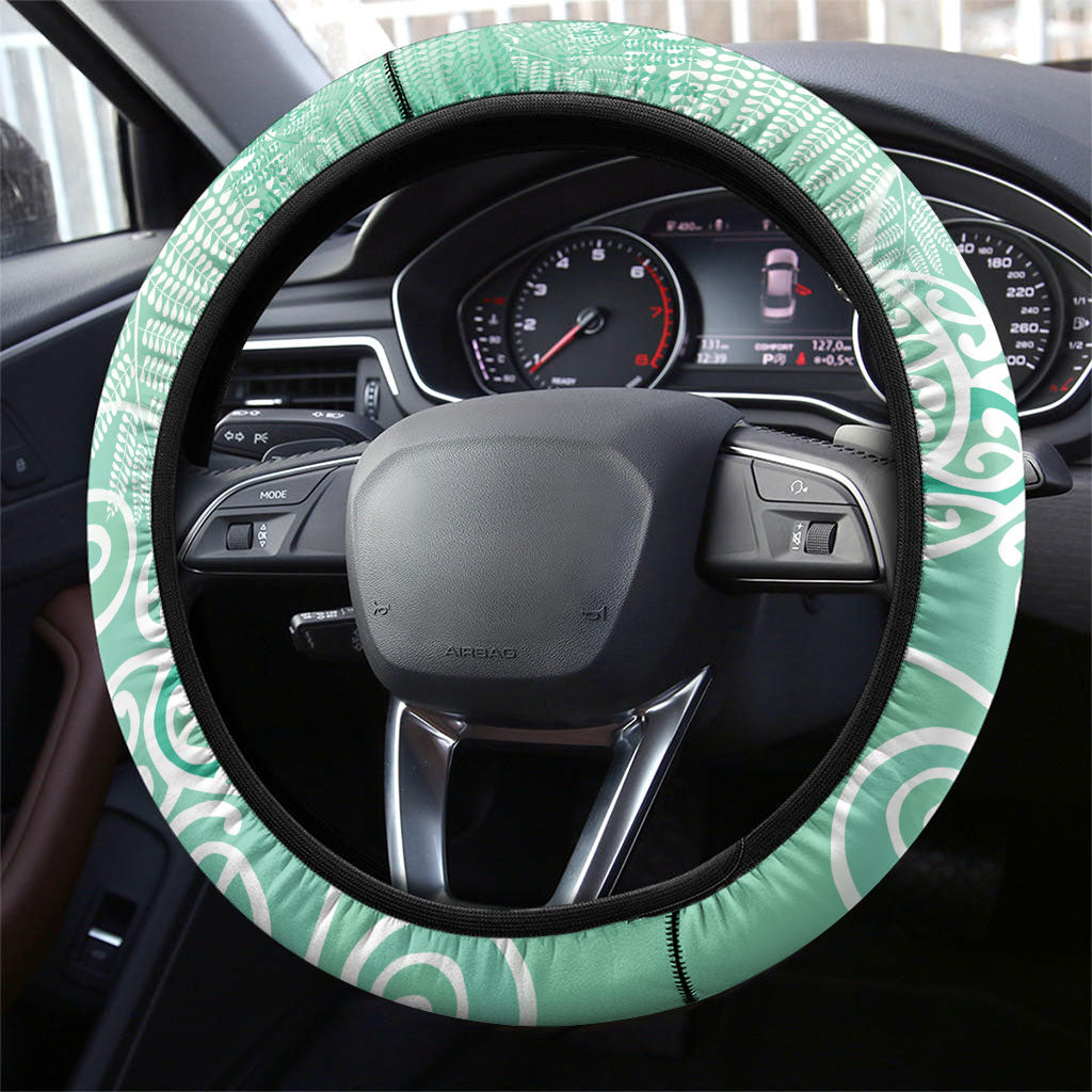 Aotearoa Maori Koru Curves Steering Wheel Cover Silver Ferns - Mint
