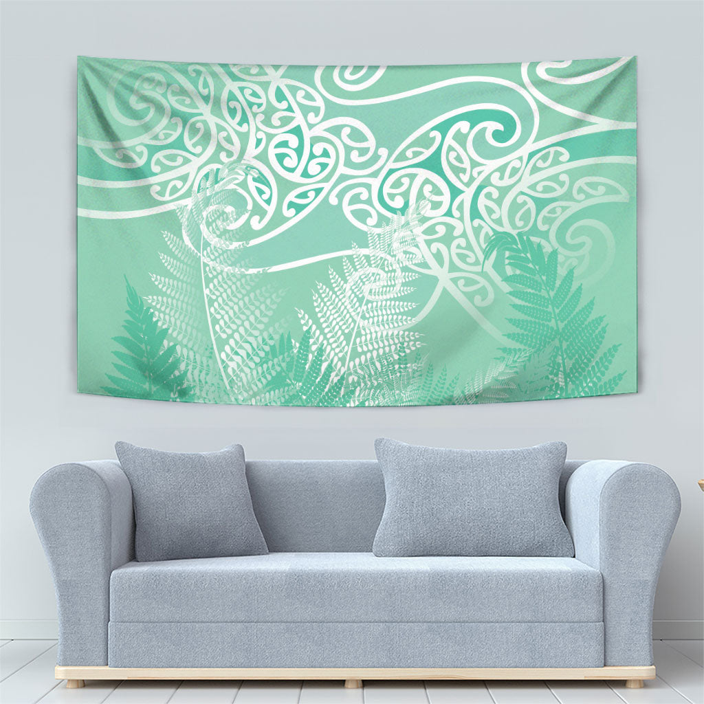Aotearoa Maori Koru Curves Tapestry Silver Ferns - Mint