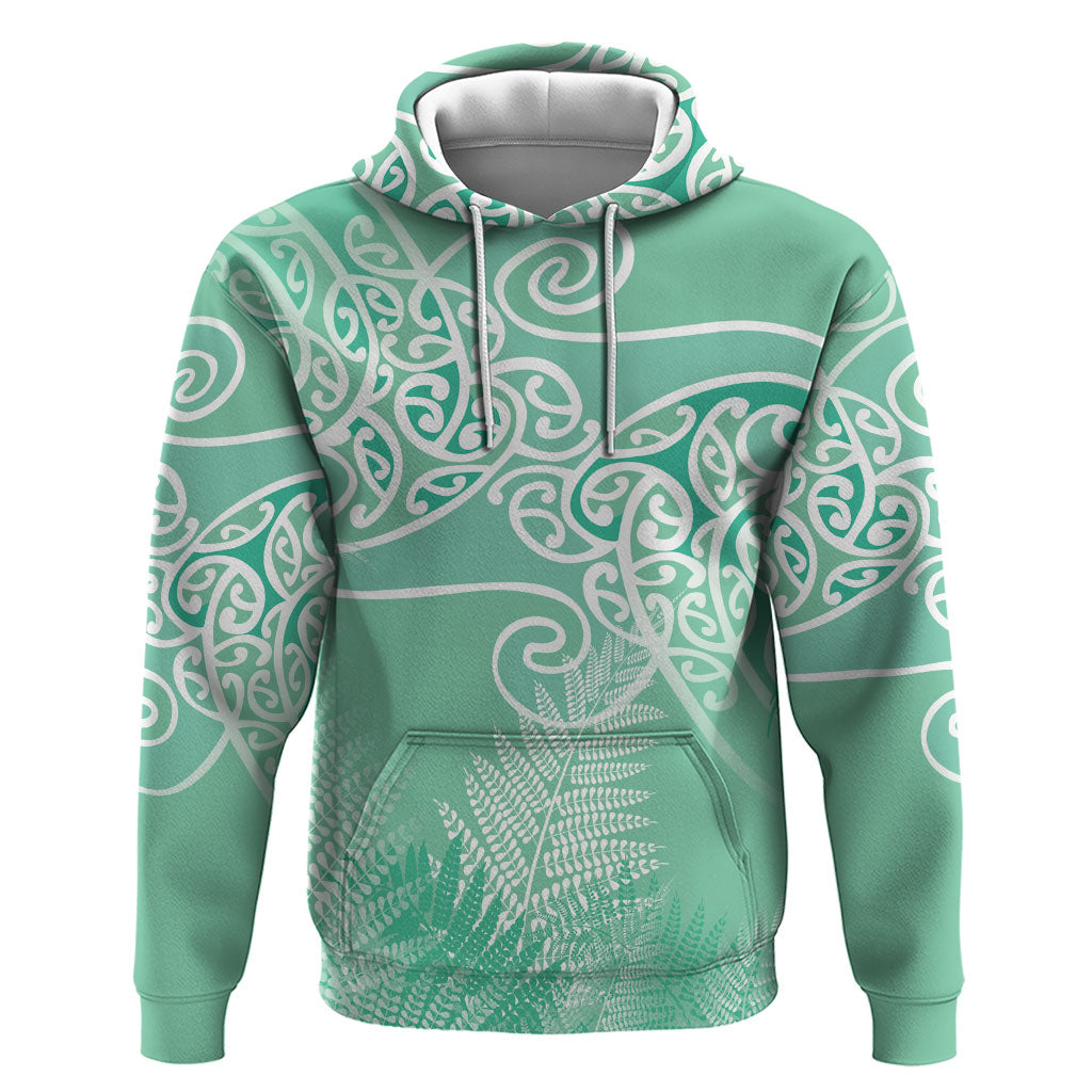 Aotearoa Maori Koru Curves Zip Hoodie Silver Ferns - Mint