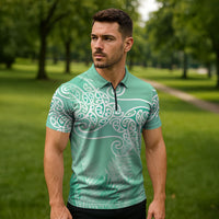 Aotearoa Maori Koru Curves Zipper Polo Shirt Silver Ferns - Mint