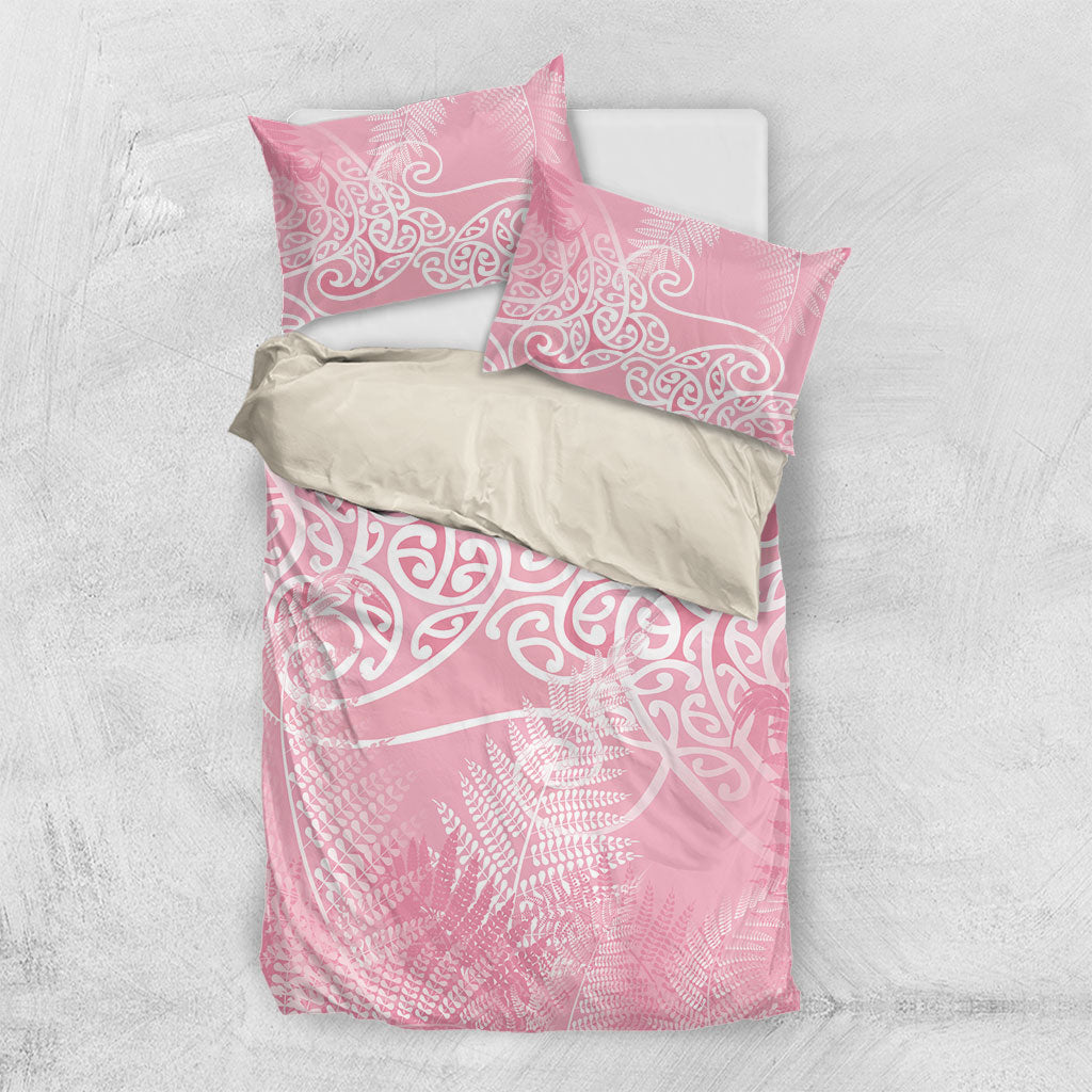 Aotearoa Maori Koru Curves Bedding Set Silver Ferns - Rose Pink